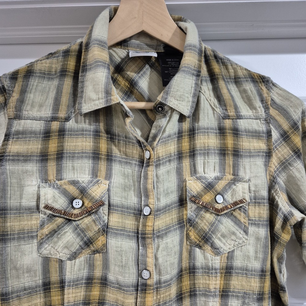 Vtg Y2K‎ Harley Davidson Shirt Womens Medium Tan Plaid Pearl Snap Western Rodeo - Picture 3 of 11